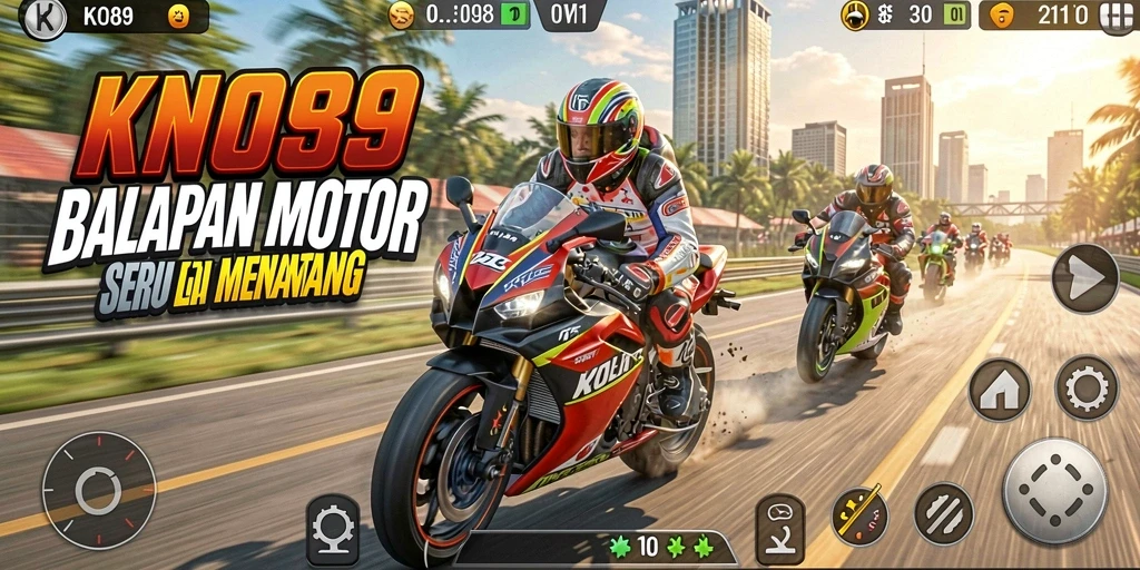 Screenshot KNO89 menampilkan aksi balapan motor yang seru dan mendebarkan.