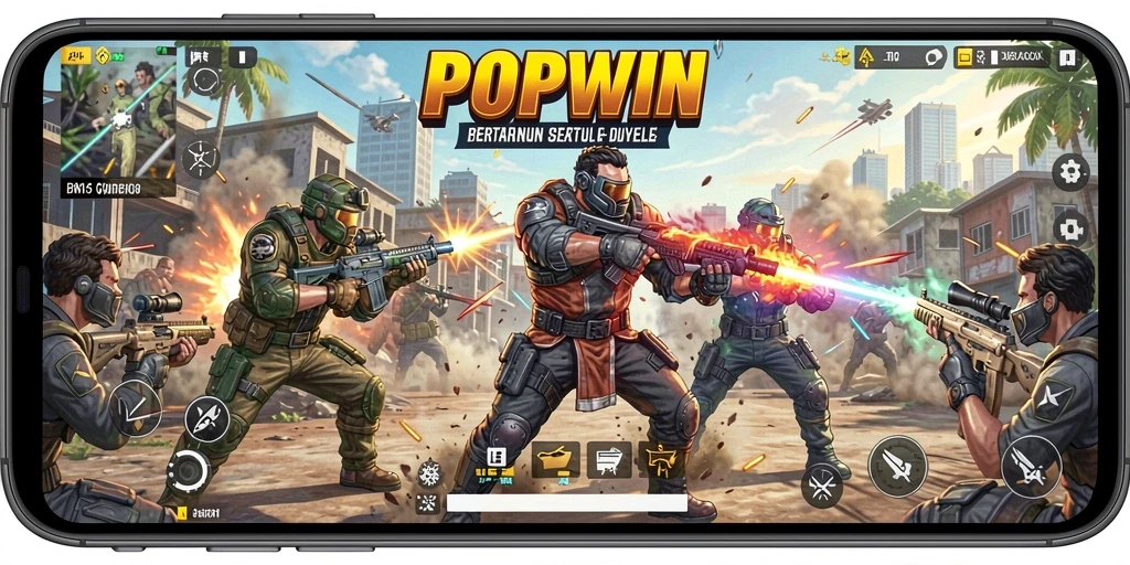 Tangkapan layar POPWIN menampilkan aksi intens dalam pertempuran Battle Royale.